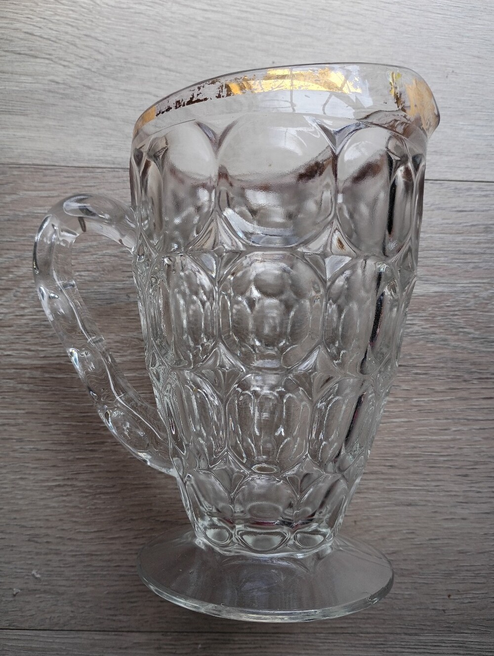 Jeanette Thumbprint Glass Pitcher Gold Trim 1960's Juice Water 20 Ounce